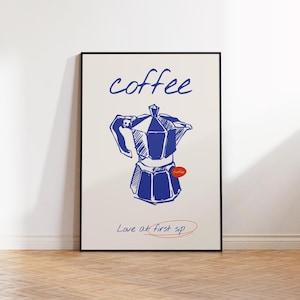 Retro Coffee Time Kitchen Print: Blue Cafe Wall Art