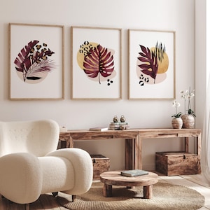 Botaniska tryck, Tropiska tryck, Set om 3, Grönt vinrött och guld, OUNI RAM