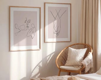 Couple Line Art Print Set of 2, Above Bed Print Home Decor Gifts, Minimalist Couple Wall Art Set, Line Art Couple Portrait Unframed