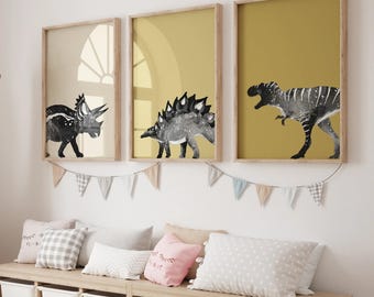 Dinosaur Wall Art Set of 3, Dinosaur Nursery Theme Triceratops & T Rex Prints for Boys Room Wall Art Unframed