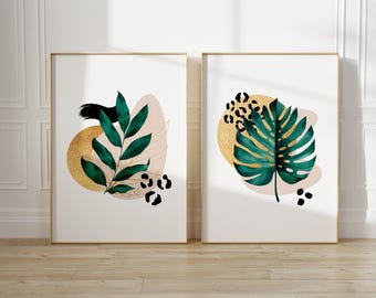 Botanische prints, tropische prints, set van 2, groenroze en goud, INGELIJST