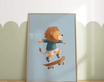 Skateboarding Lion Nursery Wall Art, Boys Safari Animal Print UNFRAMED