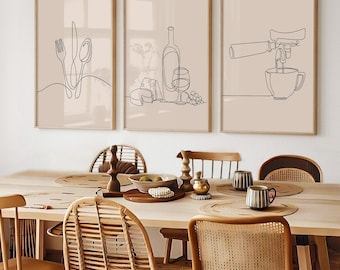 Kitchen Line Art Print Set: Cutlery, Wine, Coffee (UNFRAMED)