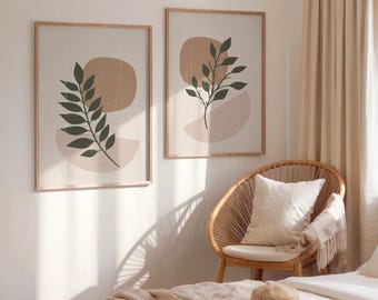 Boho Wall Art Set of 2 Prints, Botanical Wall Decor, Over the Bed Decoration, Modern Boho Living Room Decor, Wall Art for Living Room