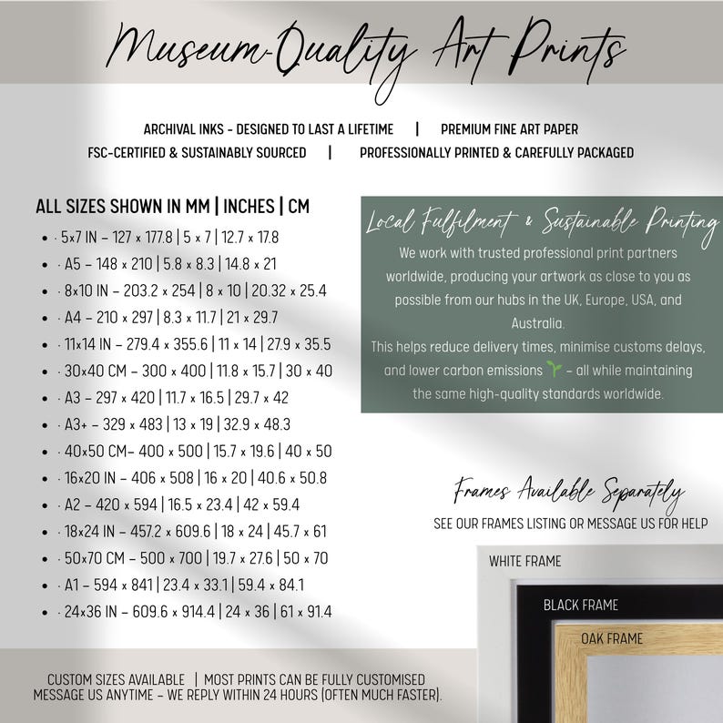 The image is a collection of various art prints, each with different sizes and frame options. The art prints are designed to last a lifetime and are made with premium fine art paper, ensuring a high-quality final product. The prints are professionally printed and carefully packaged, making them suitable for professional use or as gifts. The image also includes information about the availability of custom sizes and the option to see the frames listing or message US for help.