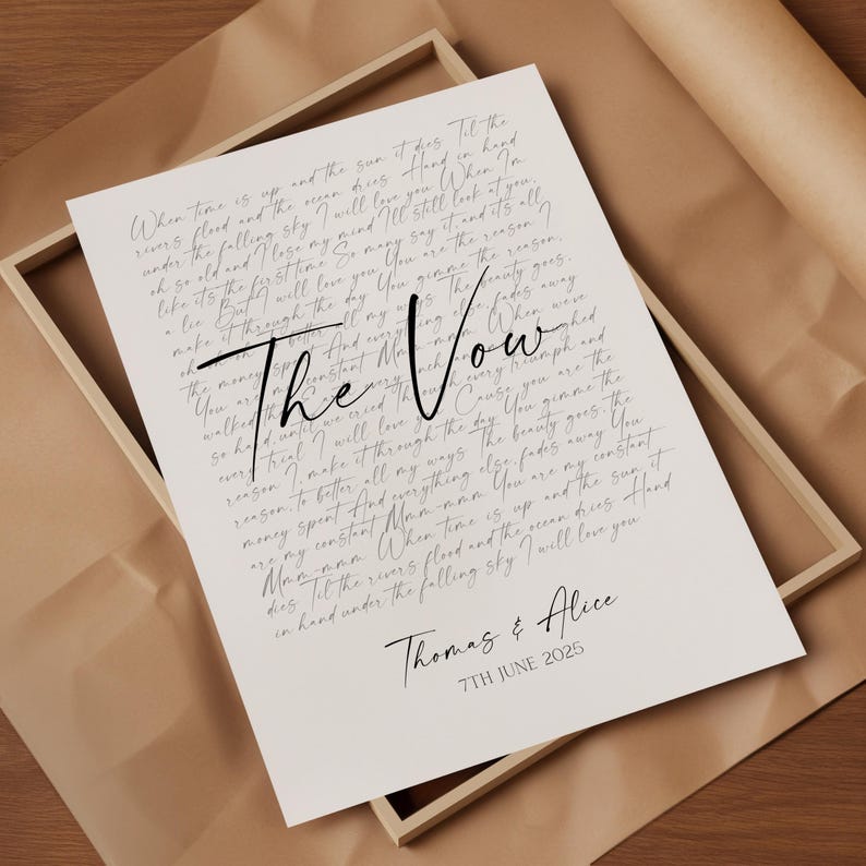 a printed document titled "The Vow" with handwritten text, placed on a wooden surface.