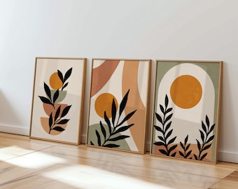 Boho Abstract Wall Art Prints: Beige, Green, Terracotta (Set of 3)