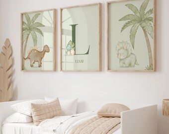 Personalized Dinosaur Wall Art Set of 3, Dino Nursery Decor, Triceratops Poster Unframed