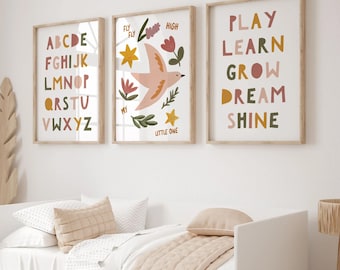 Alphabet Wall Art Set of 3, Montessori Nursery Prints, Educational Poster for Kids  UNFRAME