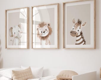Safari Woodland Nursery Wall Art Set of 3, Elephant Lion Zebra Prints, Jungle Kids Room Decor UNFRAMED