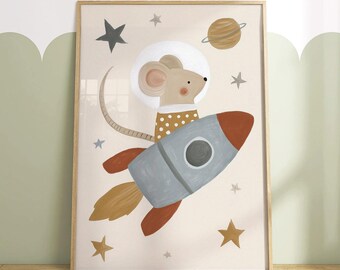 Astronaut Mouse Nursery Wall Art, Space Themed Decor, Rocket Ship Playroom Print UNFRAMED