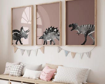 Dinosaur Wall Art Set of 3, Triceratops Art Dinosaur Nursery Theme,  Dino Bedroom Decor Unframed