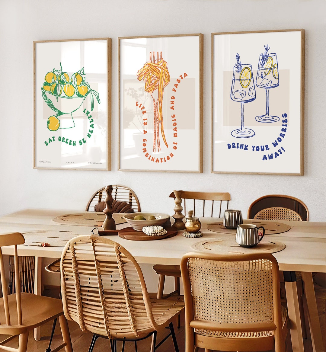 Kitchen Wall Art, Set of 3 Posters, Pasta Lover, Cocktail Drinks