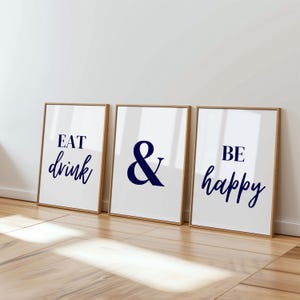 Navy Blue Kitchen Prints Set: Eat Drink & Be Happy (UNFRAMED)