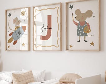 Mouse Rocket Space Nursery Decor Wall Art Set of 3, Terracotta Personalized Initial Letter Print UNFRAMED