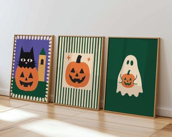Halloween Wall Decor Set of 3, Spooky Cute Wall Art, Pumpkin Ghost Black Cat Wall Art for Kids Room, Halloween Gallery Wall Witchy Cat Print