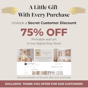 The image is an advertisement for a digital print store, offering a 75% discount on printable wall art. The text highlights the store's offer and provides a link to purchase the items.