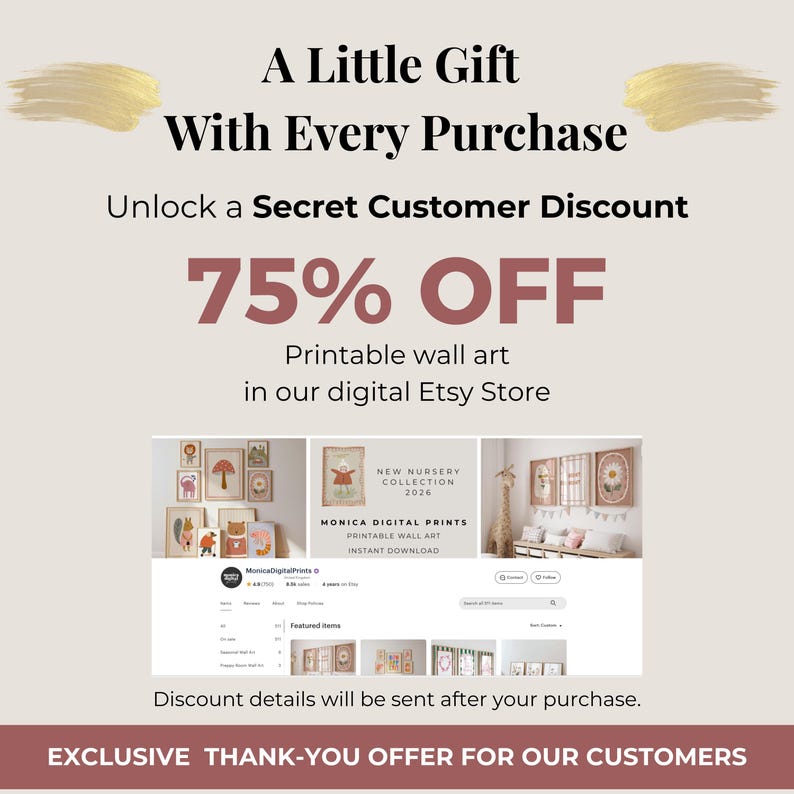 The image is an advertisement for a digital print store, offering a 75% discount on printable wall art. The text highlights the store's offer and provides a link to purchase the items.