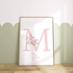 Impressão inicial personalizada, impressão de nome de berçário, nome com flor, SEM MOLDURA