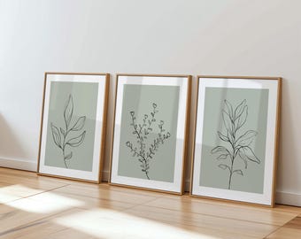 Sage Green wall art, Botanical Line Art Prints - Set of 3 (UNFRAMED)