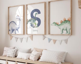 Dinosaur Nursery Prints Set of 3: Personalized Kids Room Wall Art, Custom Initials, 6 Dino Choices