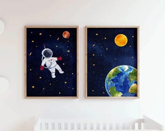 Weltraum Kinderzimmer Dekor von 2, Astronaut Wandkunst, Sonnensystem Drucke, Jungen Schlafzimmer Dekor, Weltraum Themen Kinderzimmer, Kinderzimmer Kunst