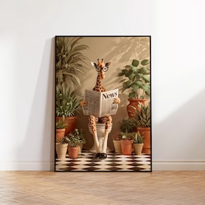 A giraffe is sitting on a chair and reading a newspaper, surrounded by potted plants and a checkered floor.