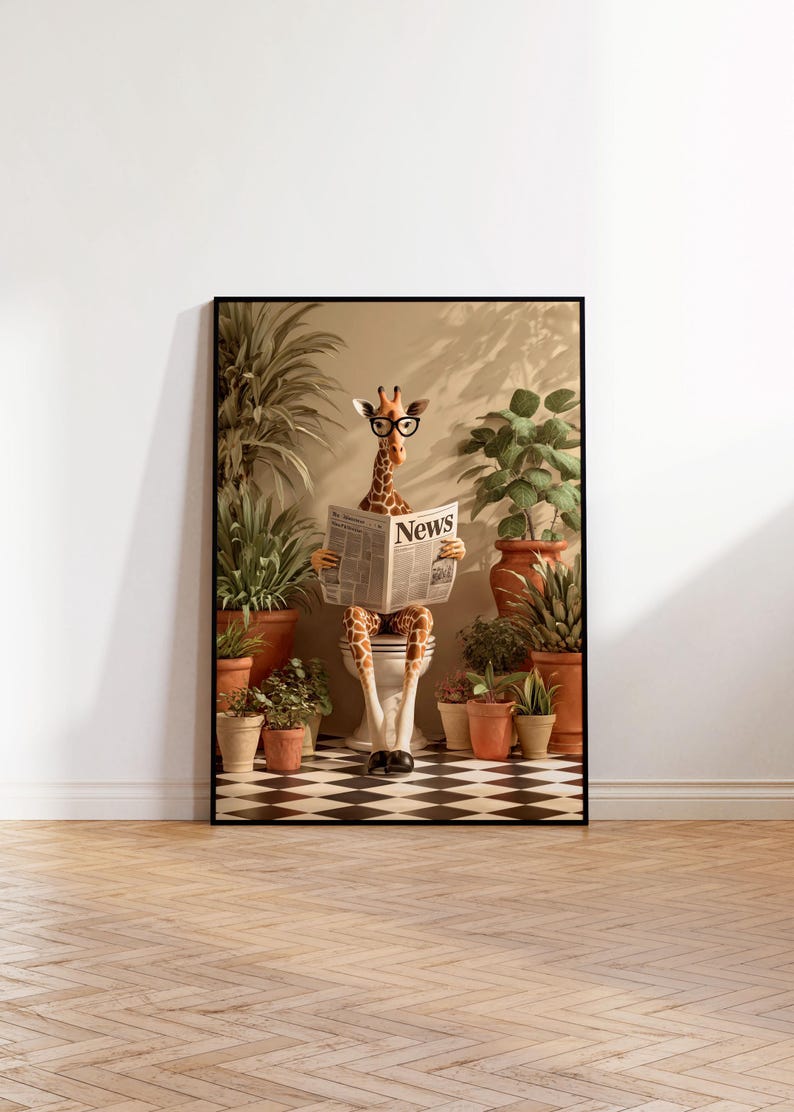 A giraffe is sitting on a chair and reading a newspaper, surrounded by potted plants and a checkered floor.