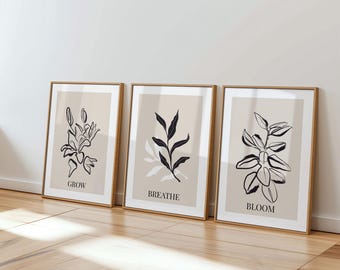 Neutral Botanical Wall Art Set of 3, Grow Breathe Bloom Prints, Calm Bedroom Decor Unframed