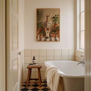 a bathroom with a white bathtub, a wooden stool, and a framed painting of a giraffe reading a newspaper.