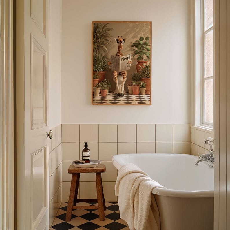 a bathroom with a white bathtub, a wooden stool, and a framed painting of a giraffe reading a newspaper.