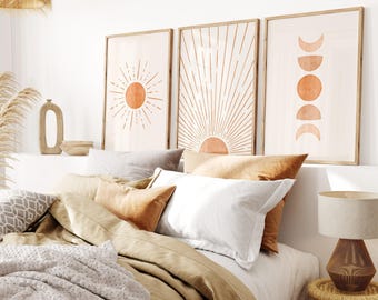 Boho Wall Art Prints Set: Sunshine, Moon Phase, Sunset (UNFRAMED)