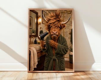 Highland Cow Bathroom Print, Funny Cow with Hairdryer Wall Art, Green Bathroom Decor