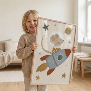 Astronaut Mouse Nursery Wall Art, Space Themed Decor, Rocket Ship Playroom Print UNFRAMED