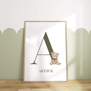 Stampa iniziale per cameretta orsetto: decorazione con lettere personalizzate, verde oliva o beige