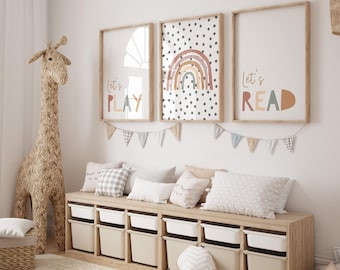 Playroom Prints Set of 3 | Rainbow ABC, Let's Play, Let's Read, UNFRAMED