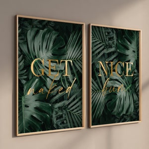 Bathroom prints, Green Tropical Art Print with and Gold printed writing Set of 2 posters, UNFRAMED