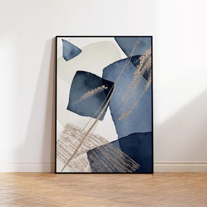 Abstract Blue and Gold Wall Art, Modern Living Room Decor