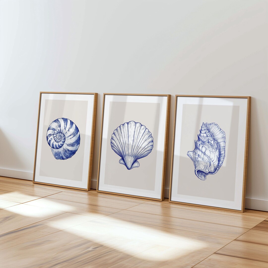 Blue Seashell Art Set of 3, Beachy Coastal Gallery Wall Oyster Print ...