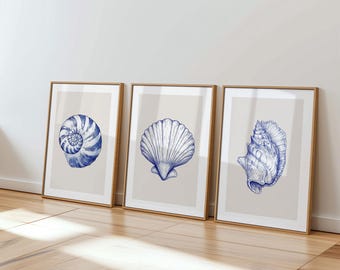 Blue Seashell Art Set of 3, Beachy Coastal Gallery Wall Oyster Print UNFRAMED