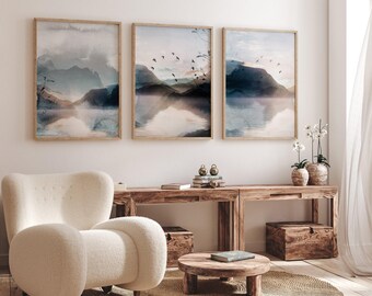 Blue Mountain Landscape Print Set: Watercolor Wall Art (UNFRAMED)