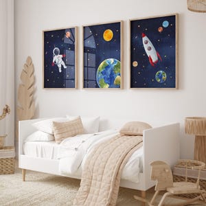 Väggdekor med rymdmotiv för barnrum, set med 3 st, barnrumstavlor med rymden, väggdekor med astronautmotiv, väggdekor med rymdraket i pojkrum (UTAN INRAMNING)