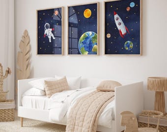 Space Nursery Wall Art Set of 3 for Kids Room, Outer Space Nursery Prints, Astronaut Wall Decal, Space Rocket Ship Boys Room Wall (UNFRAMED)