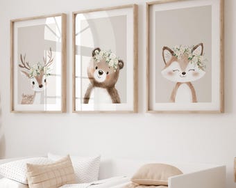 Woodland Nursery Wall Art Set of 3, Flower Crown Animal Prints, Deer Bear Fox Decor, Neutral Baby Girl Room, Floral Theme, UNFRAMED