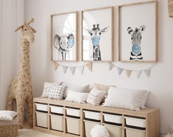 Safari animals nursery prints, Blue bubble gum,UNFRAMED