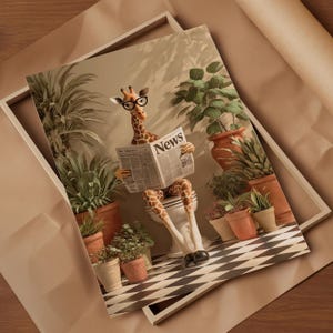 A giraffe is sitting on a toilet and reading a newspaper, surrounded by potted plants and a checkered floor.