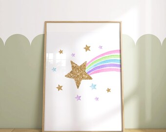 Unicorn Shooting Star Print Girls Wall Art Pastel Rainbow Unicorn Decor Kids Room, UNFRAMED