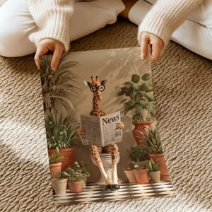 A person is holding a framed print featuring a giraffe sitting on a toilet and reading a newspaper, surrounded by potted plants.