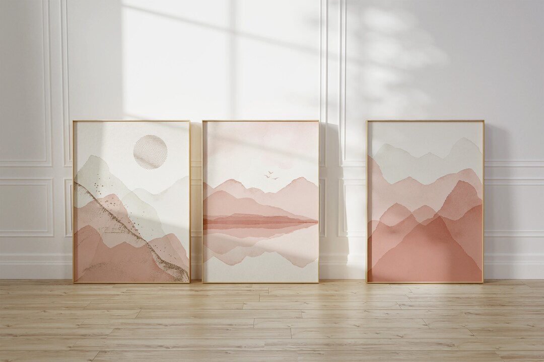 Abstract Landscape Set of 3 Prints - Pink & Gold Accents, Modern Wall ...