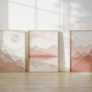 Abstract Landscape Set of 3 prints - Pink & Gold Accents, modern wall decor, UNFRAMED